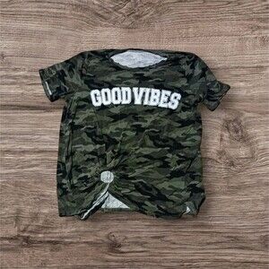 Good Vibes Camo T-Shirt Women's Green Black  Short Sleeve Tie Front Top Juniors